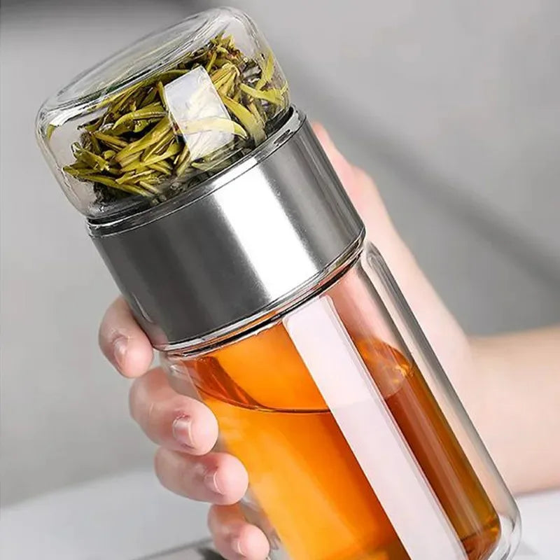 420ML Glass Tea Bottle with Infuser – Double-Layer Borosilicate Tumbler with Tea Filter for Hot or Cold Drinks